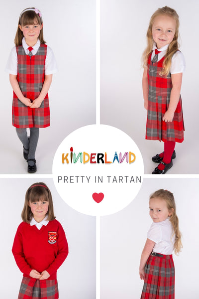 Red and Grey Tartan Pinafores, Skirts, Kilts, Ties, Scrunchies and Alice Hairbands