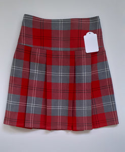 Red and grey tartan pull up skirt with elasticated waist at the back