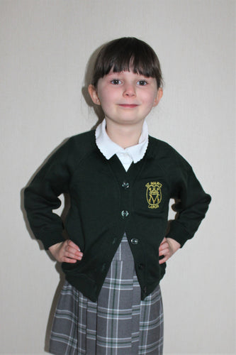 Girls Cardigan, part of St Mary's Primary School Uniform, Largs, dark green, embroidered with logo, affordable and long lasting