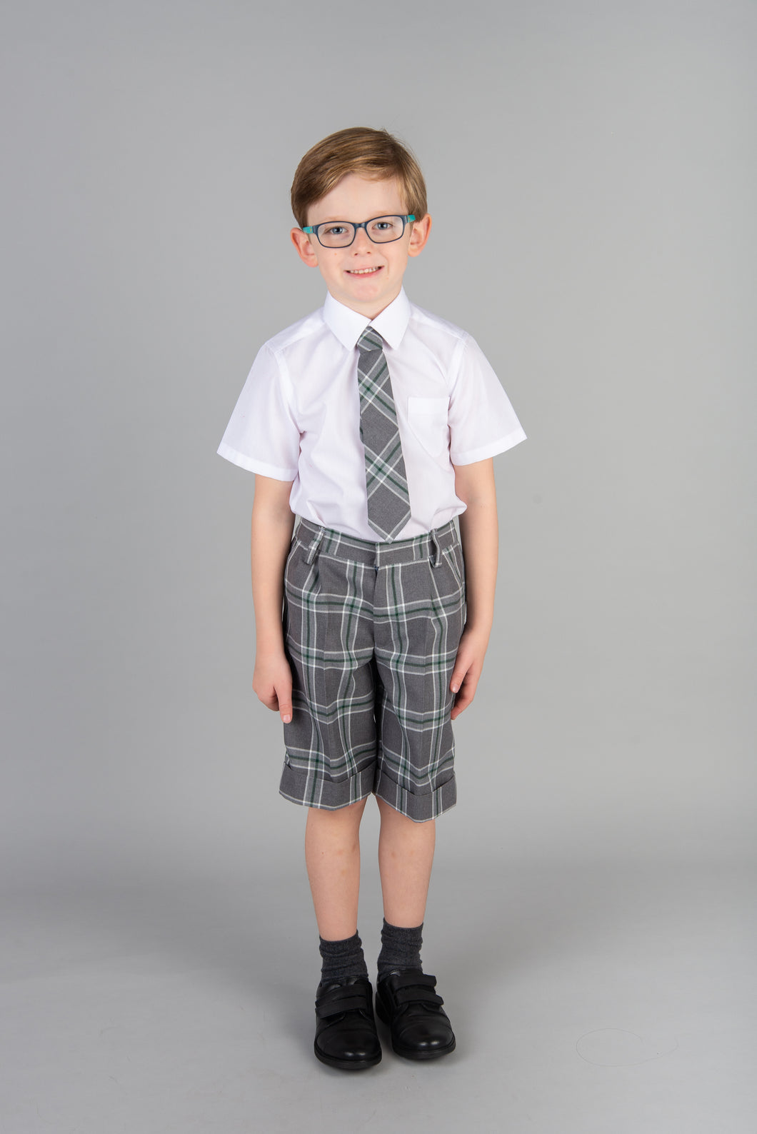 Grey Tartan Bermuda Shorts for St Marys Primary School uniform Largs, exclusive to Kinderland