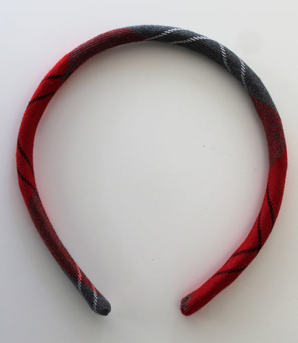 Alice hair band in red and grey tartan, school uniform accessory, matching pinafores for Largs Inverkip West Kilbride Crookston Newark Port Glasgow and Gavinburn Primary School