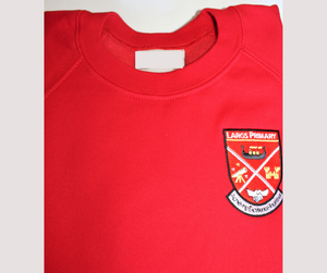 high quality red school jumper with embroidered Largs Primary badge