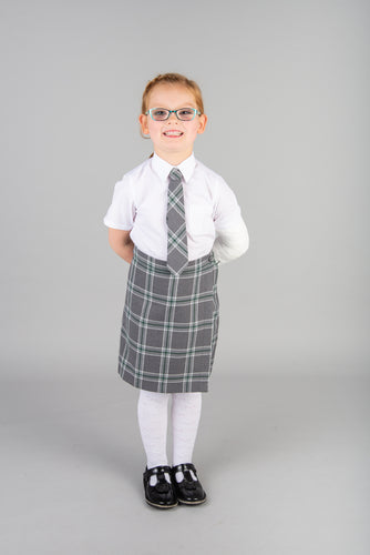 Grey tartan culottes, part of St Mary's Primary School uniform, trendy and comfortable skorts for girls