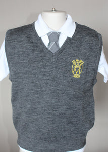 grey tanktop embroidered with St Mary's school badge
