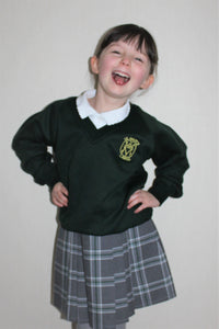 V-Neck jumper for St Mary's Primary in Largs, long lasting colours, affordable, bottle green, embroidered with badge