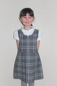Grey and green pleated tartan school pinafore, cute school dress for girls