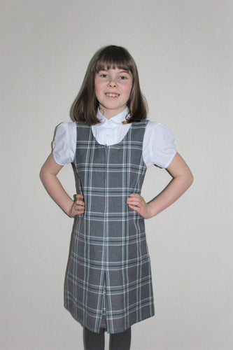 Slim fit  grey and green tartan school dress, easy to get on and off with front zip